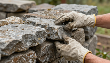 Mason repairing a fieldstone wall