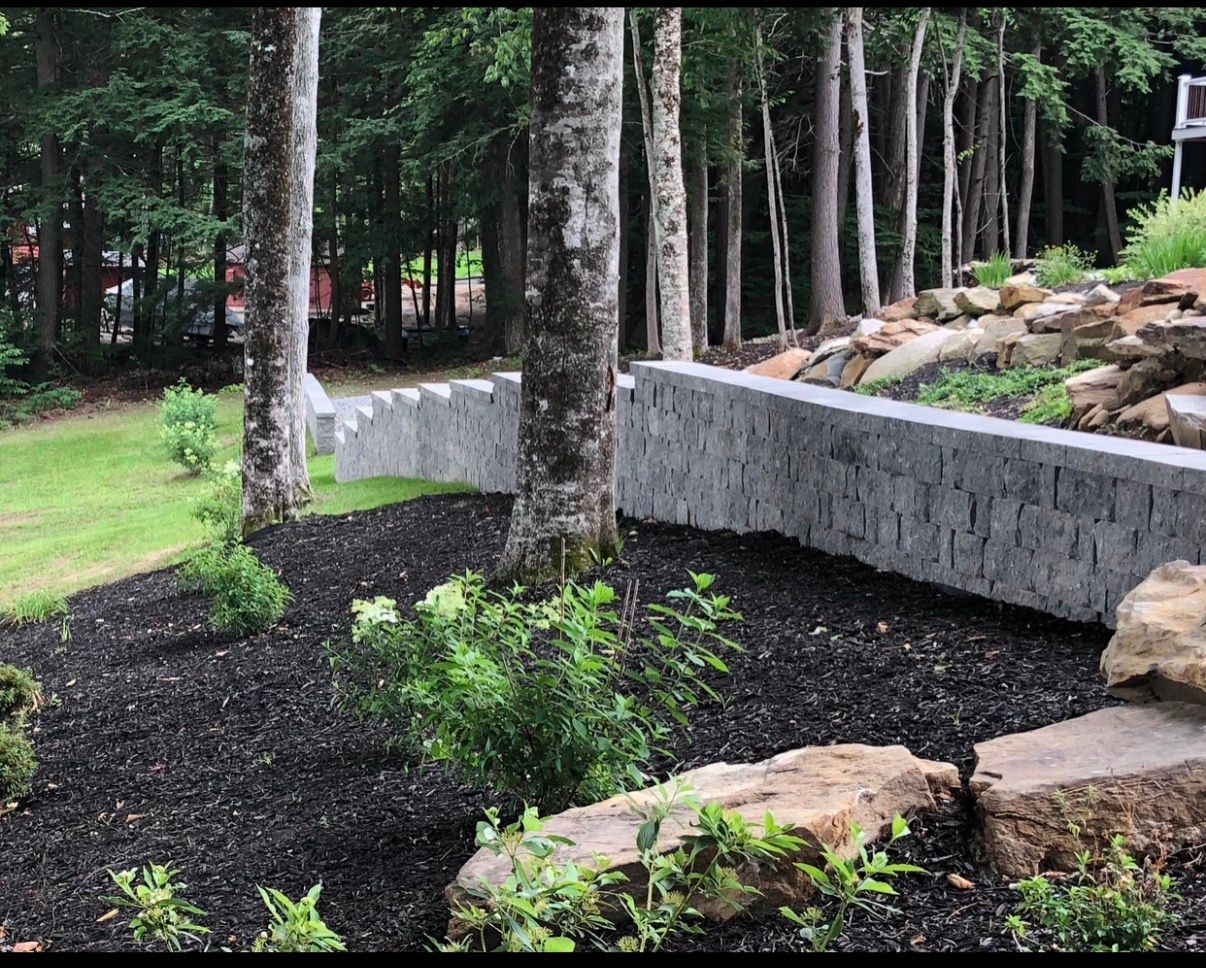 Landscaped wooded area with stone retaining wall, mulch, rocks, and tall trees
