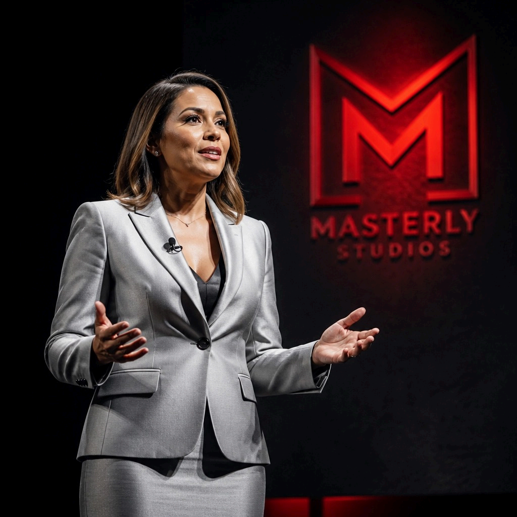 Woman in a silver suit speaking onstage beside a red Masterly Studios logo