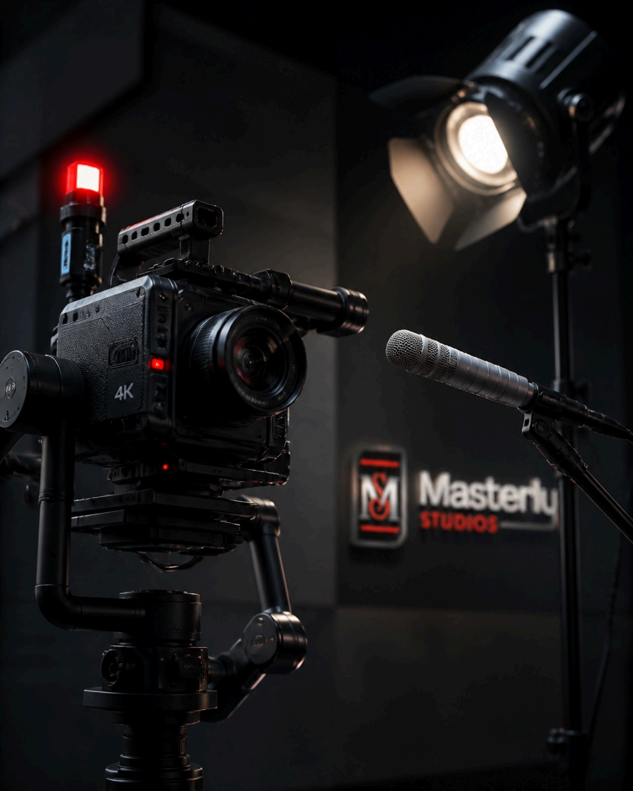 Video camera and boom mic in a dark studio with a lit spotlight and Mastery Studios sign