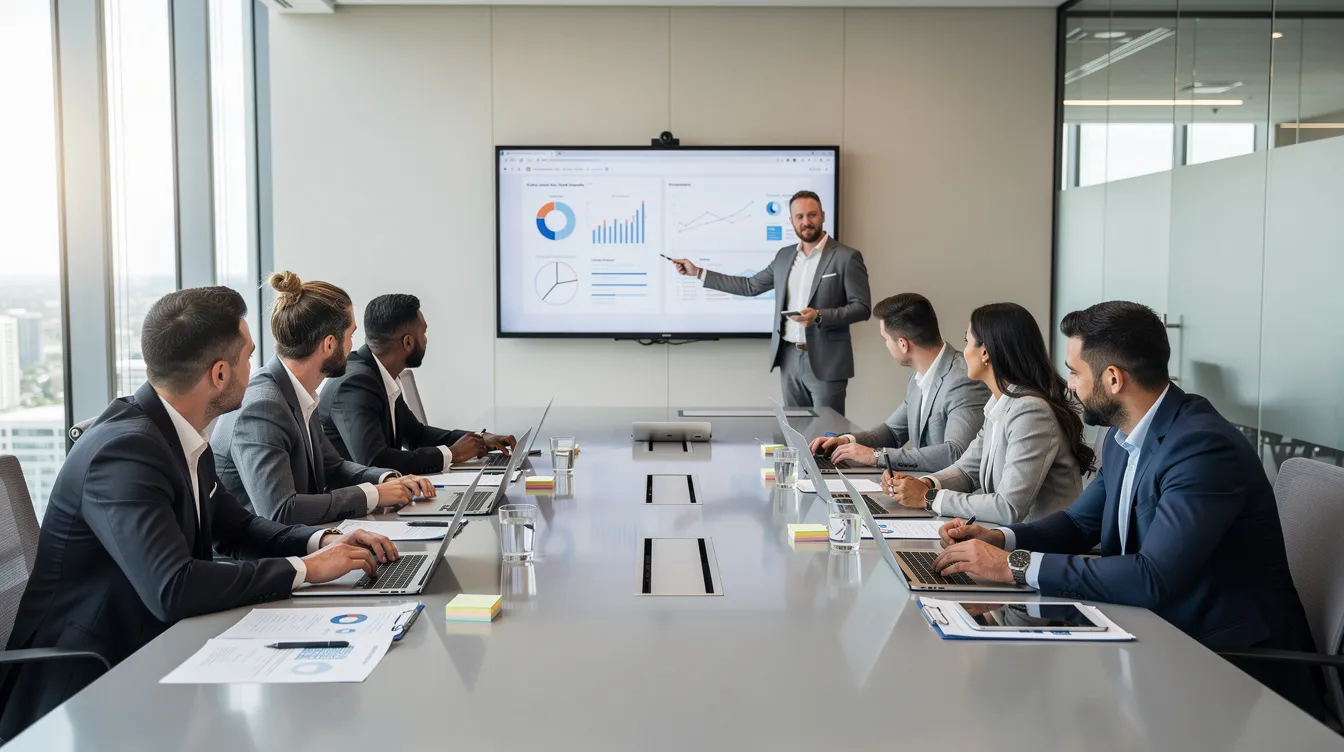 Business meeting with presenter showing charts on a screen to seated colleagues in a conference room.