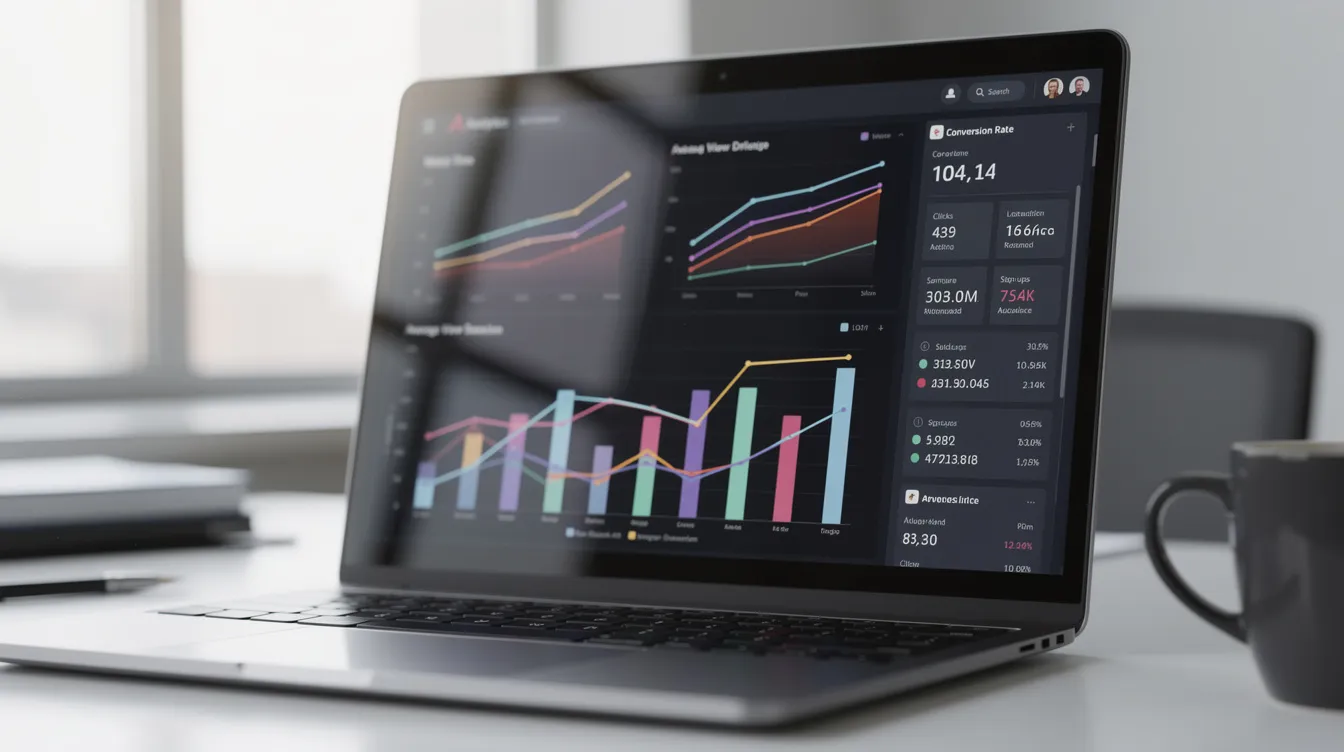 Laptop displaying analytics dashboards with colorful charts on a desk beside a coffee mug