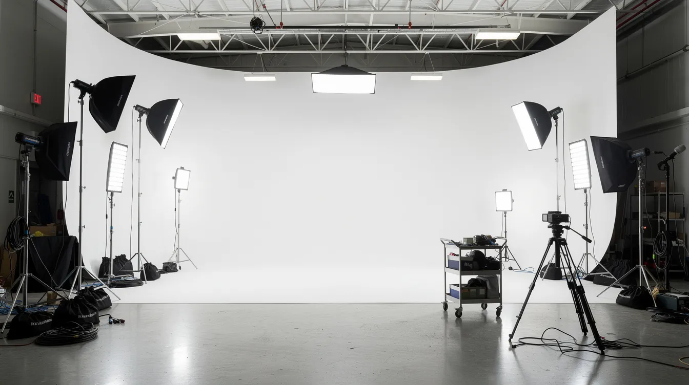 The image depicts a spacious photography studio featuring a white cyclorama wall and an array of professional lighting equipment, ideal for photo shoots and video productions. This versatile photo space is designed to accommodate photographers and clients, providing ample room for props and creative setups.