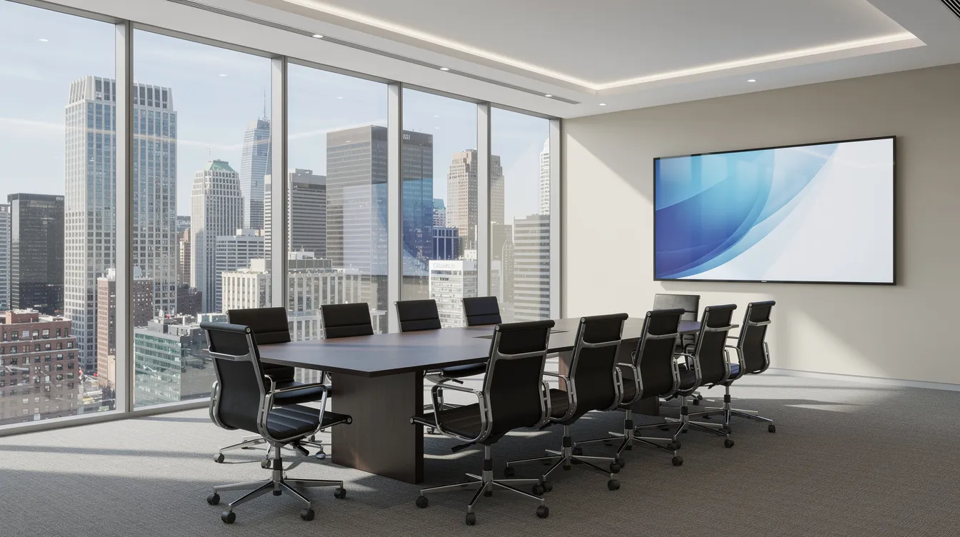 Modern conference room with a long table, black chairs, city view windows, and a wall-mounted display