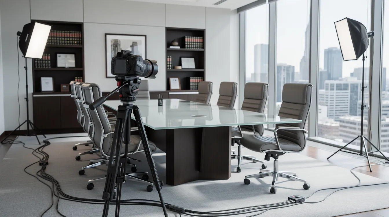 Modern conference room with a table, chairs, cameras, and studio lights set up for filming