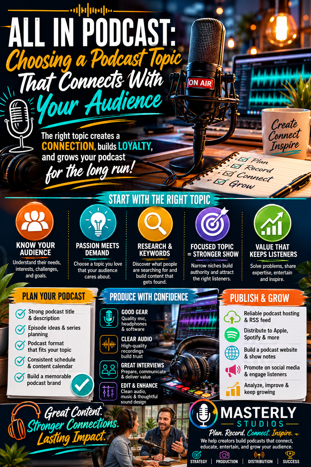 Professional podcast marketing infographic titled “All In Podcast: Choosing a Podcast Topic That Connects With Your Audience.” The design features a podcast host speaking into a microphone in a modern recording studio alongside audio equipment, headphones, and waveform displays. The infographic outlines key podcasting strategies, including understanding your audience, combining passion with market demand, researching keywords, building a strong podcast brand, narrowing your focus, and planning for long-term content creation. Additional sections cover podcast formats, episode planning, audio production, publishing and distribution, consistency, and essential podcast equipment. Branded with Masterly Studios, the graphic promotes podcast strategy, production, remote interviews, video podcasting, and audience growth while emphasizing that a great topic is the foundation of a successful podcast.