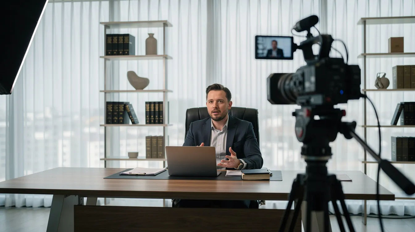 Man filming a business interview at a desk, with a camera on tripod in the foreground and bookshelves behind him