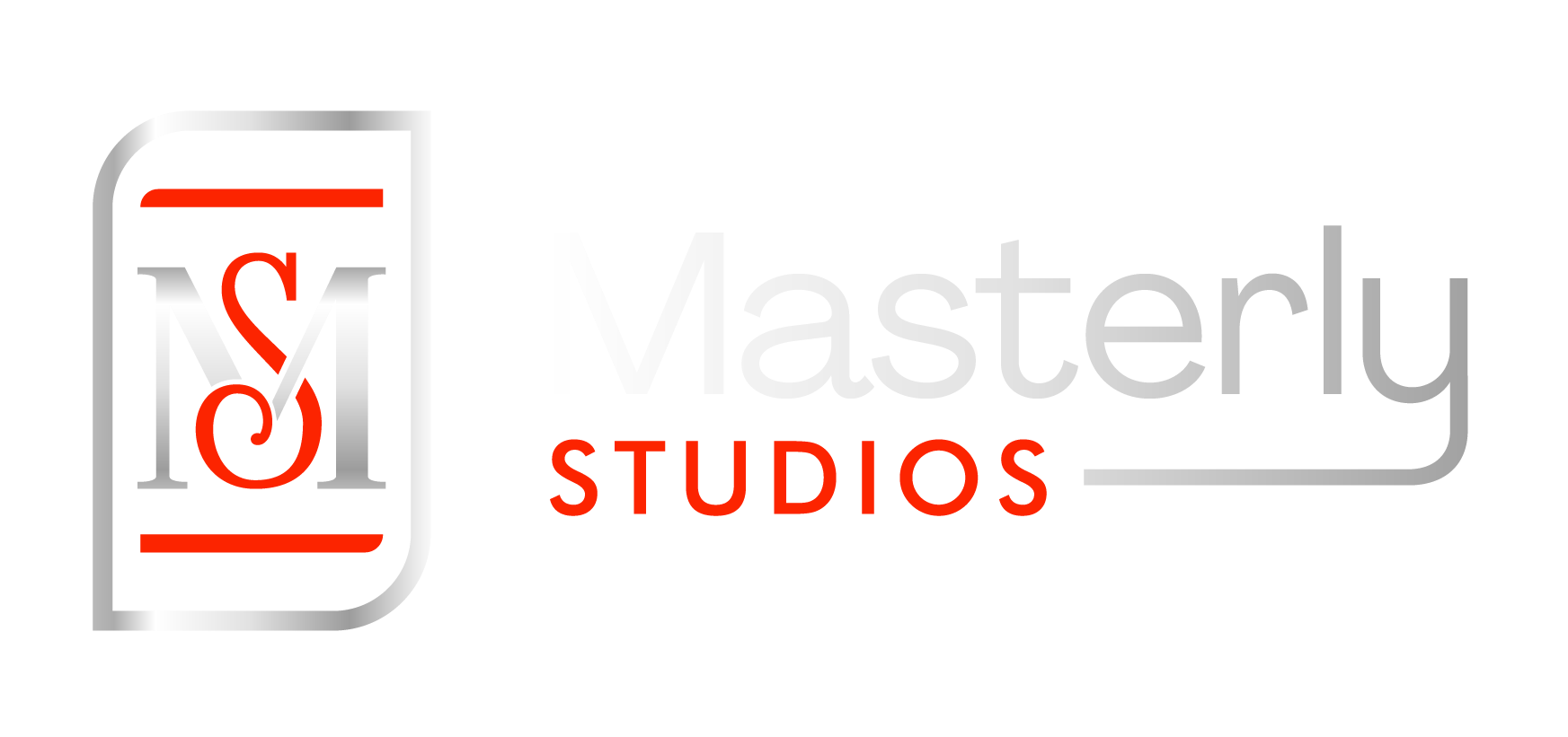Masterly Studios logo with red and gray stylized text on a white background