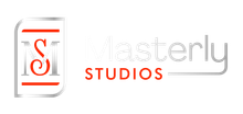 Masterly Studios logo with red and gray stylized text on a white background