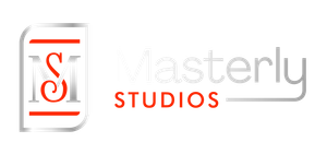 Masterly Studios logo with red and gray stylized text on a white background