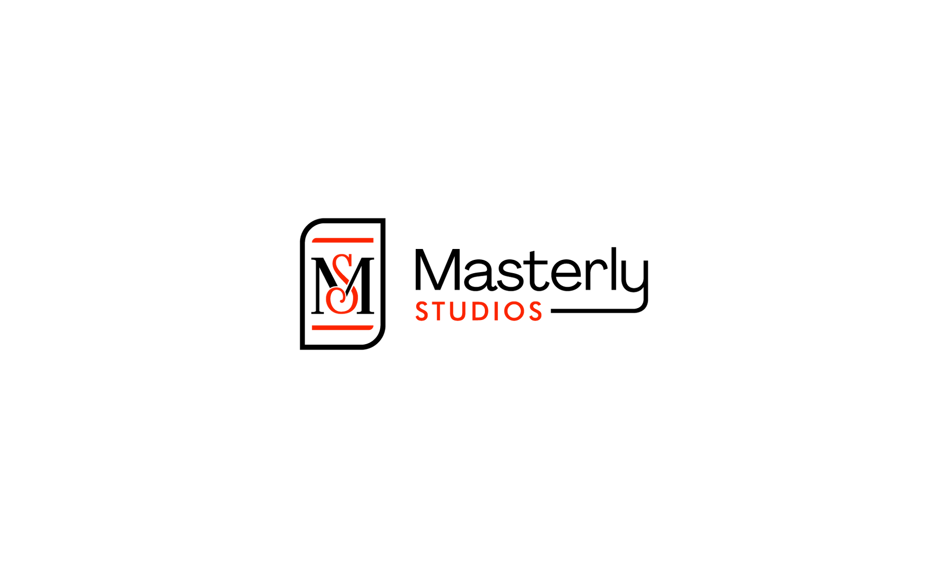 Masterly Studios logo with stylized black and red initials on a white background