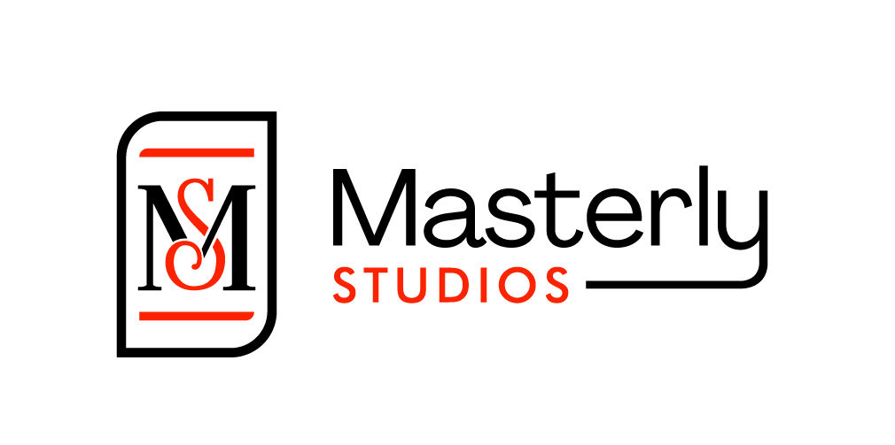 Masterly Studios logo with stylized black and red monogram and text on white background