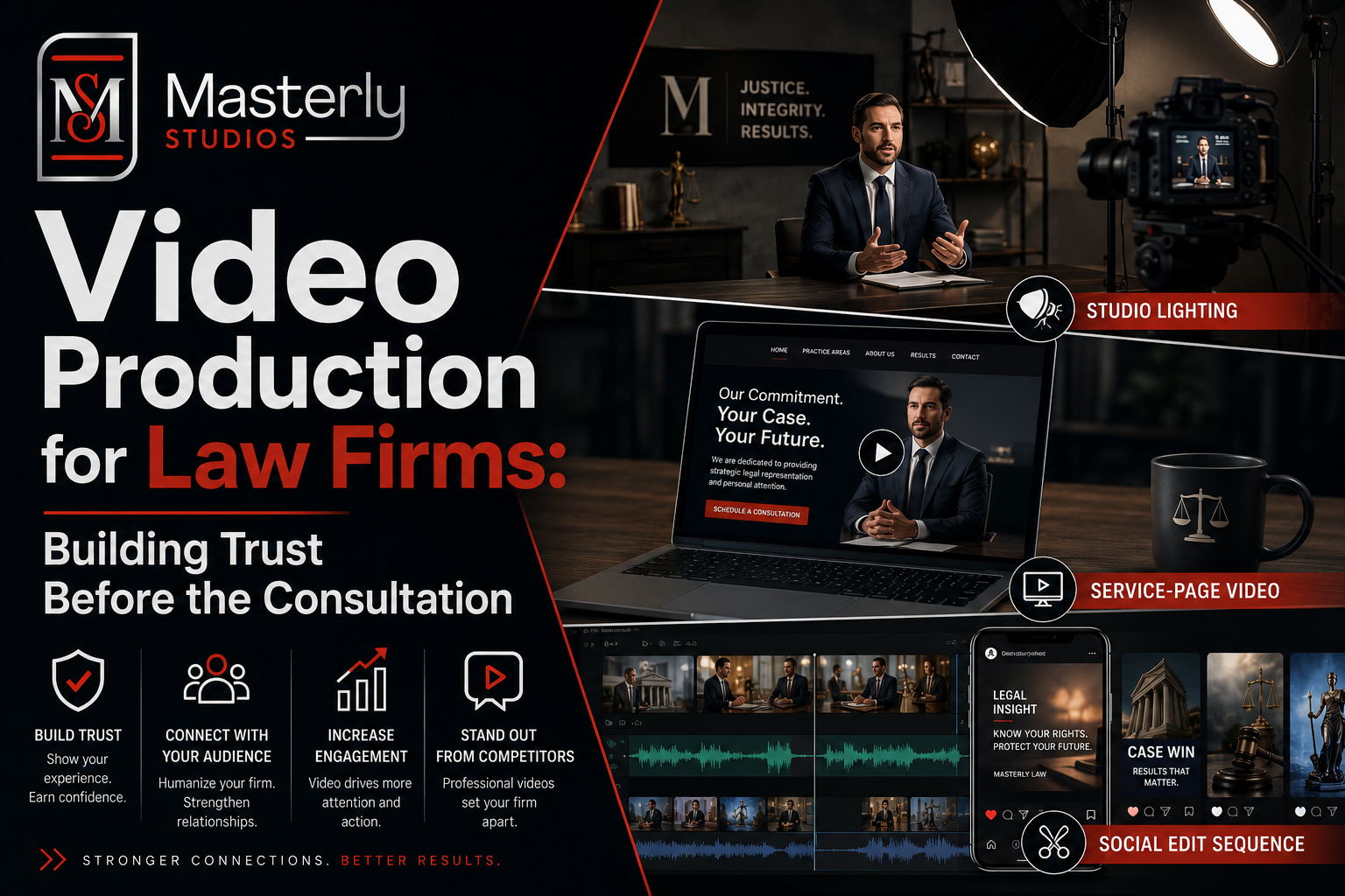 Masterly studio promo for law firms, black-red layout with legal-themed video production scenes and consultation text