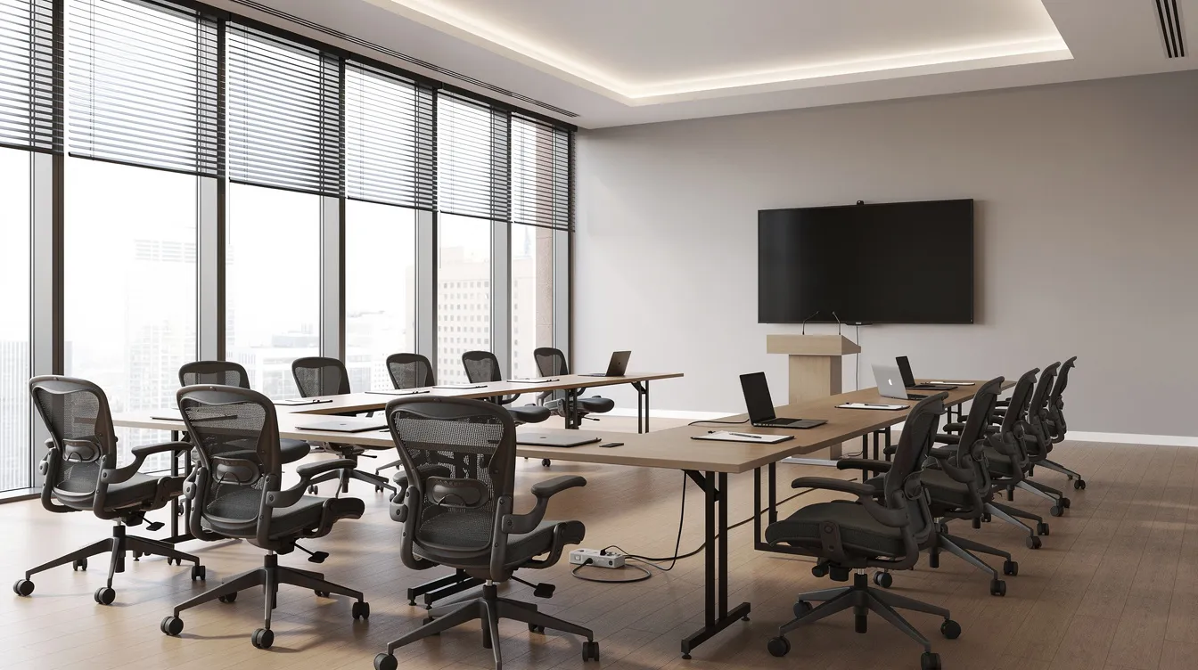 Modern conference room with a long table, rolling office chairs, wall-mounted TV, and large windows