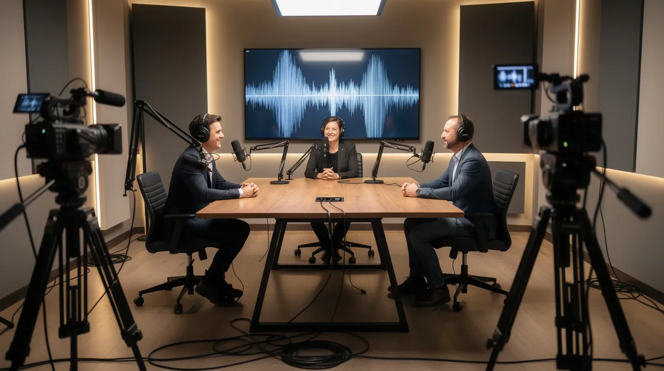 Three people recording a podcast in a studio with microphones and cameras, audio waveform on screen.