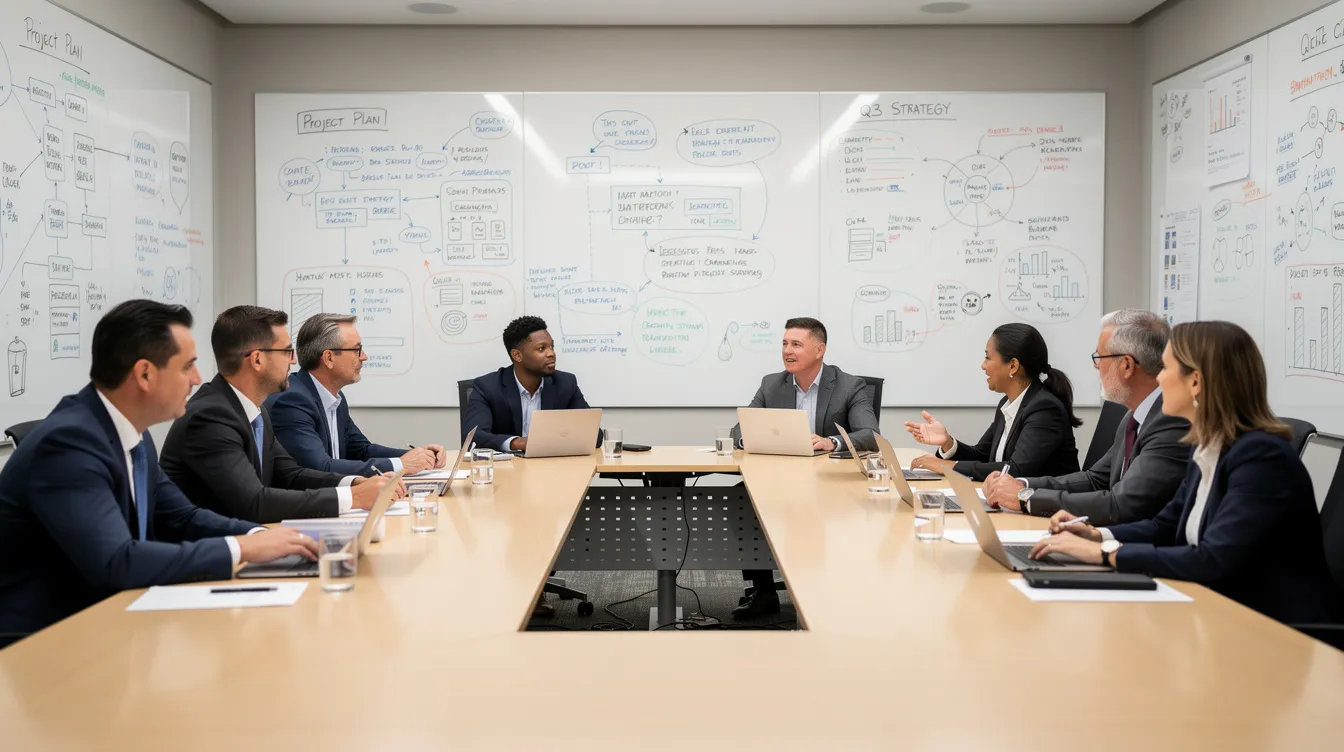 Business meeting in a conference room, with eight people seated around a long table and whiteboards covered in notes.