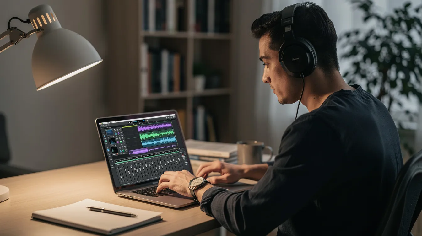 Person wearing headphones coding on a laptop at a desk with a lamp in a dim room