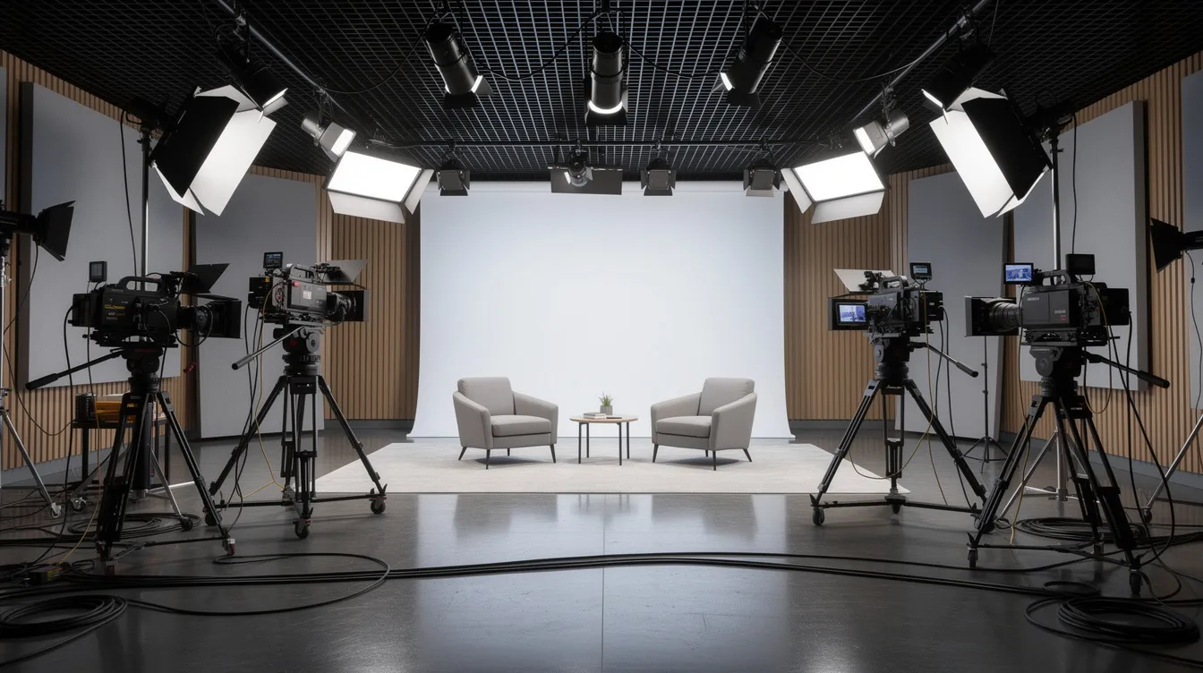 Empty TV studio set with cameras, lights, and two chairs centered on a white backdrop
