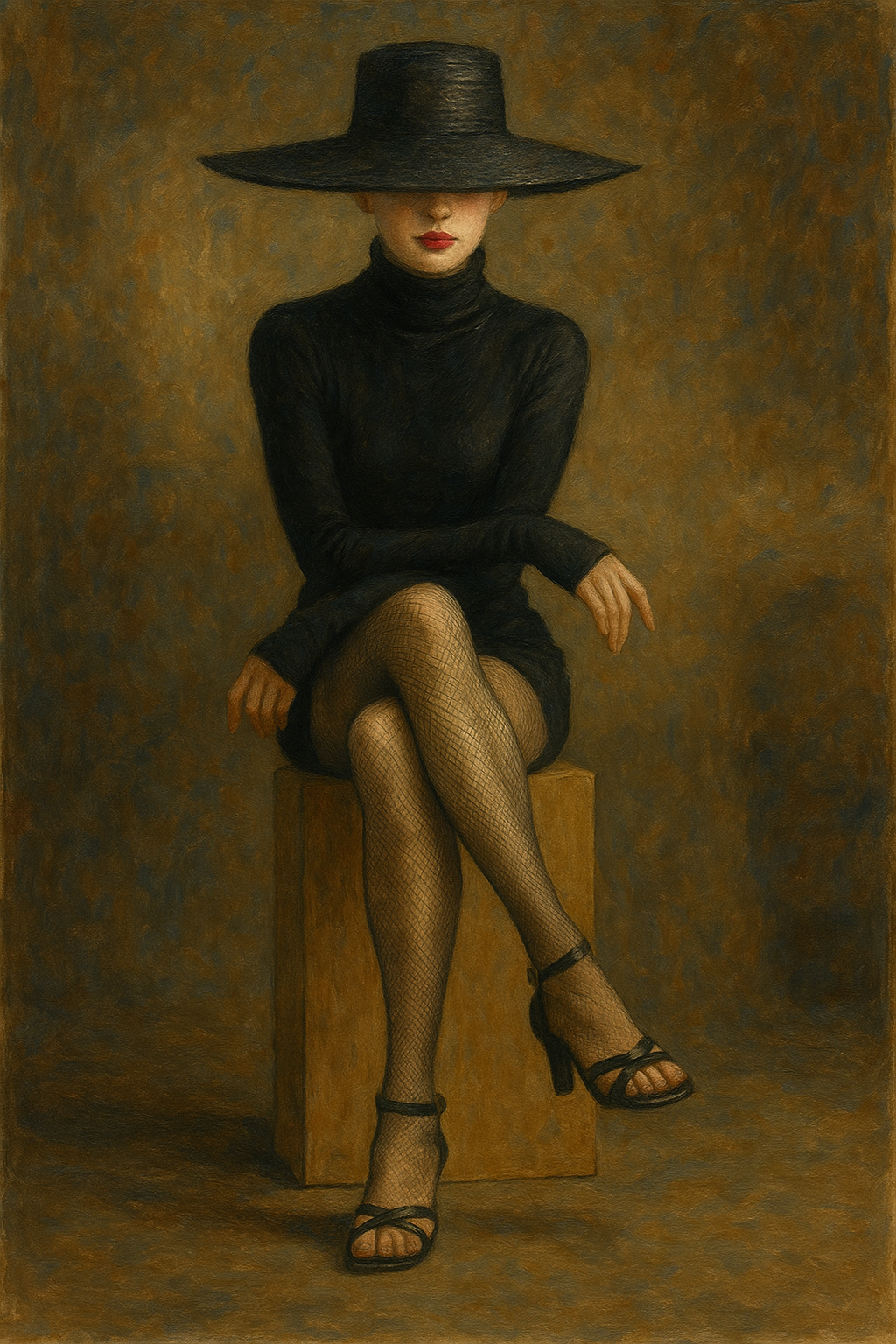 Woman in black hat and dress seated cross-legged against a brown background, wearing fishnet stockings and heels