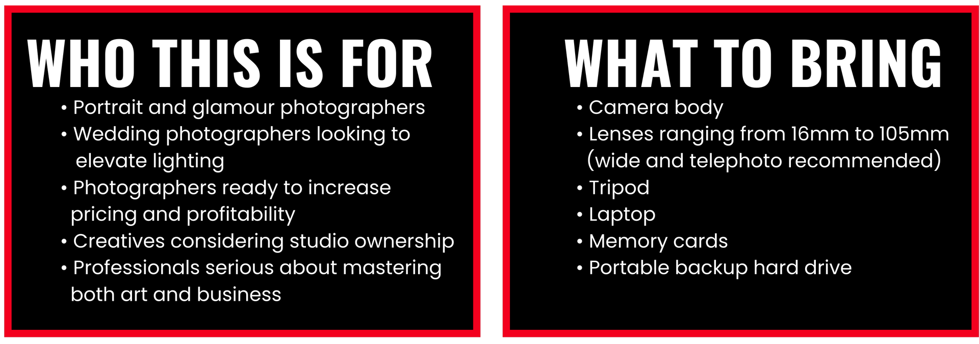 Black info graphic with two panels: “Who This Is For” and “What To Bring,” listing event audience and supplies.