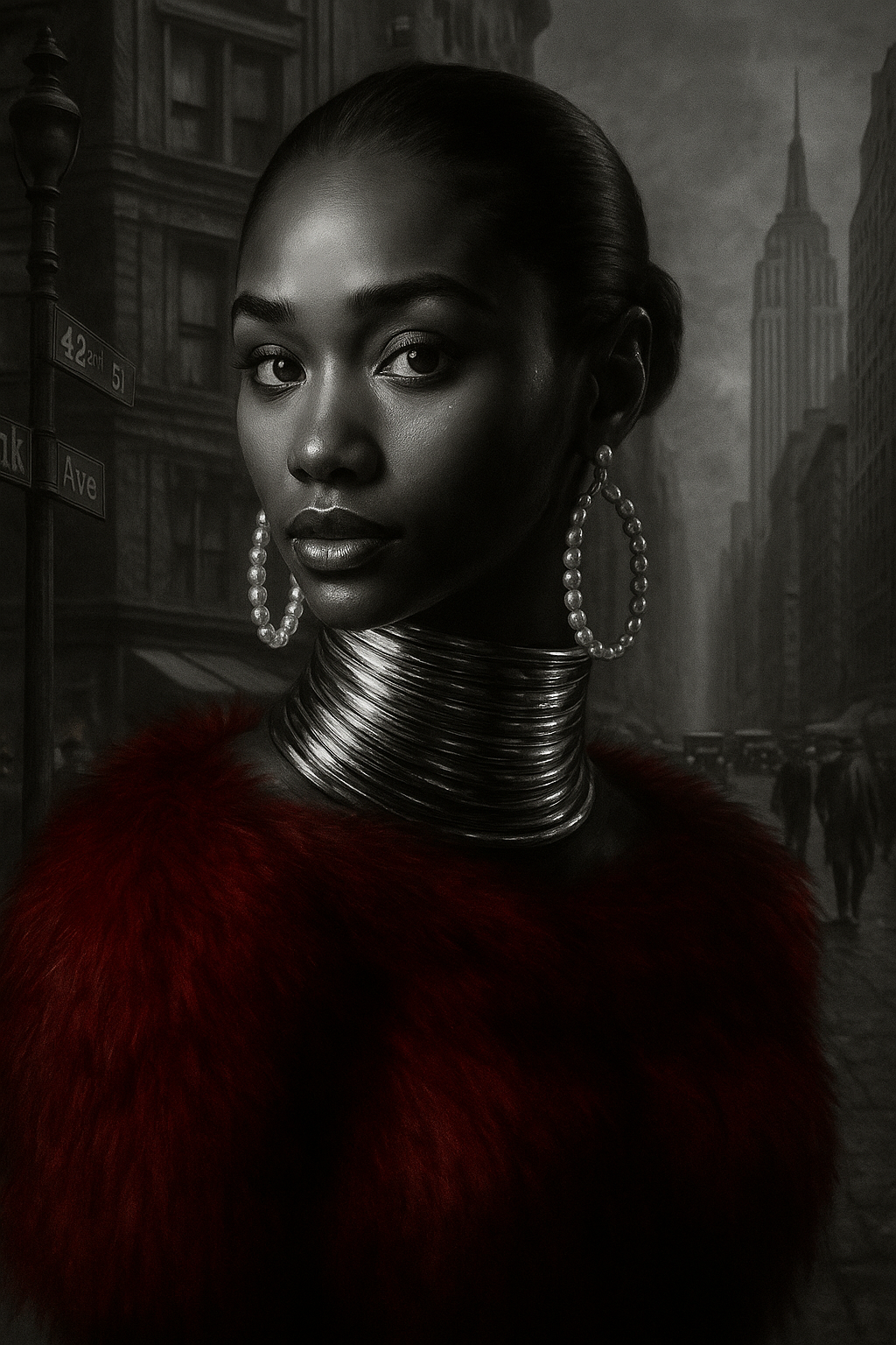 Stylized portrait of a person in a dark city street, wearing large hoop earrings and a red top.