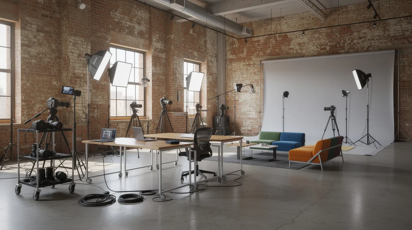 Bright studio with brick walls, lighting rigs, tables, and colorful lounge chairs on a concrete floor