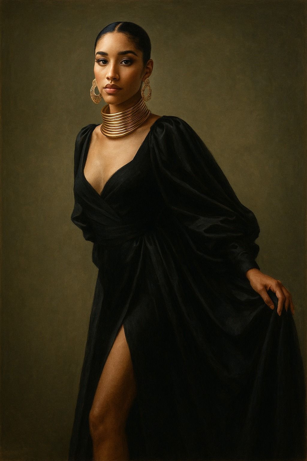 Studio portrait of a woman in a flowing black dress with gold jewelry against a dark background