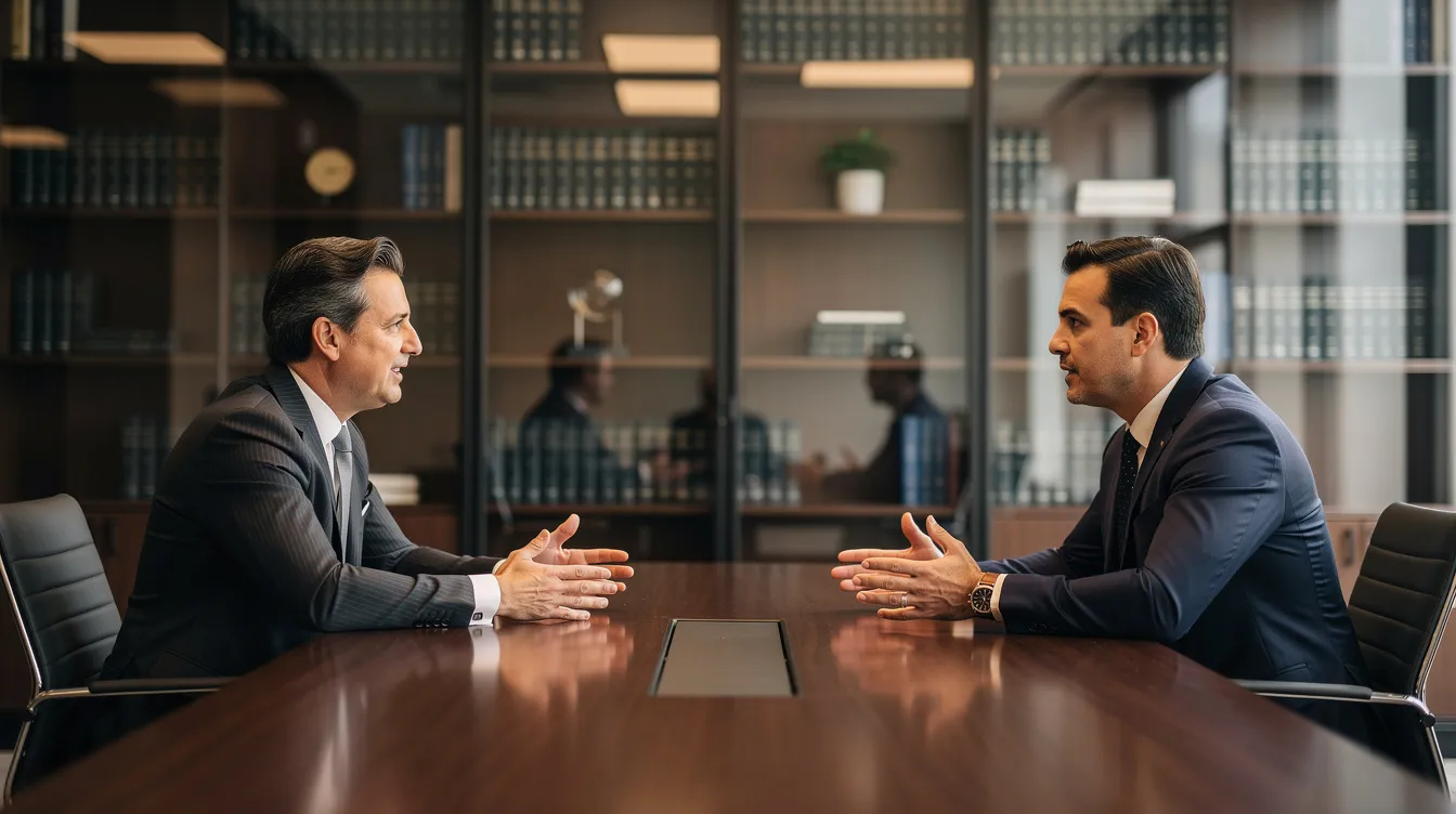Two professionals in suits converse across a conference table in a modern office boardroom.