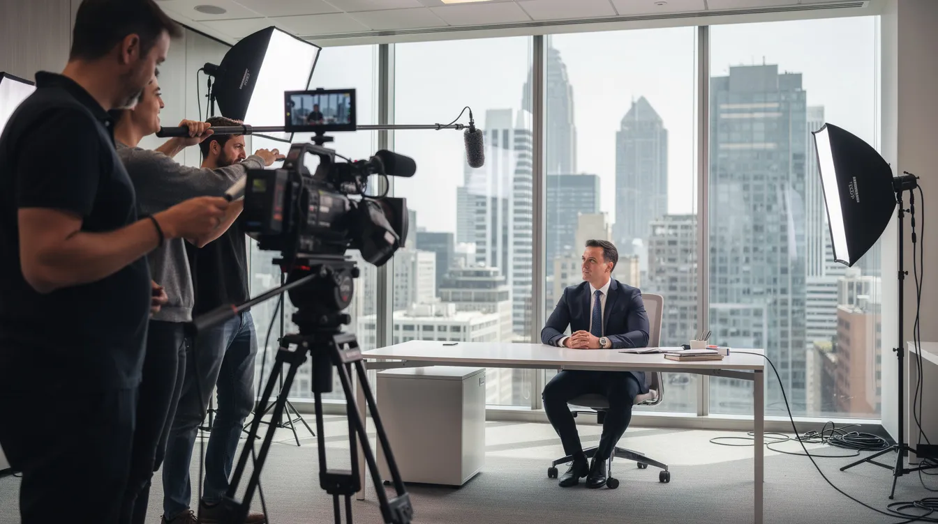 TV news crew filming a man in a suit speaking at a desk in a bright high-rise office with city skyline views