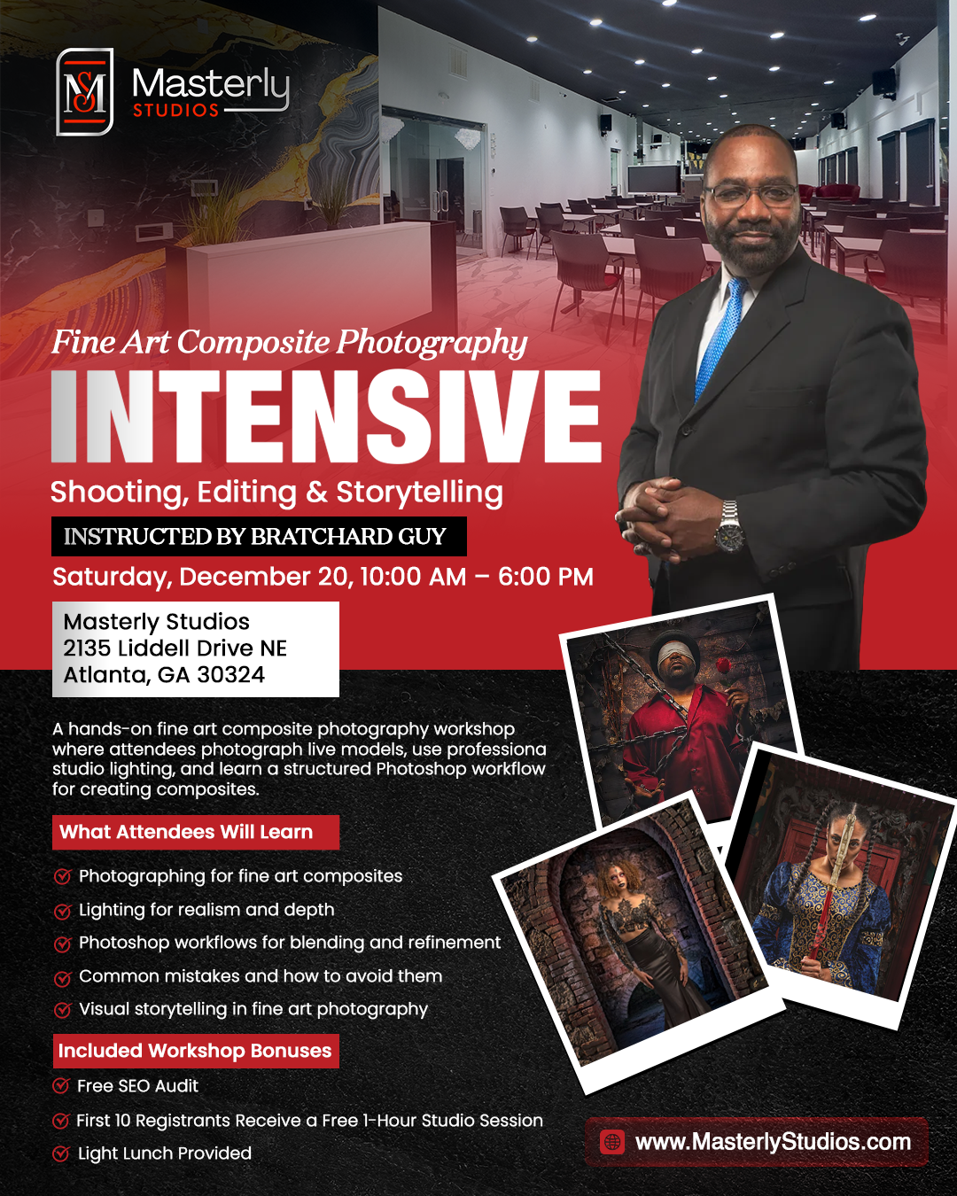 Flyer for a fine art composite photography workshop titled “Intensive,” with date, details, and sample portraits.