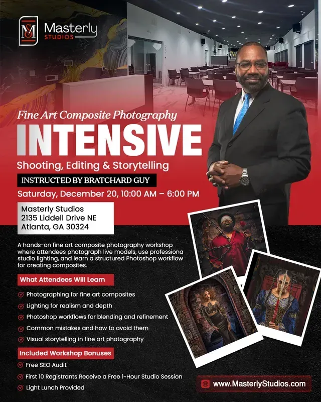 Event flyer for fine art composite photography, with a man in a suit in a church setting and red-black design.