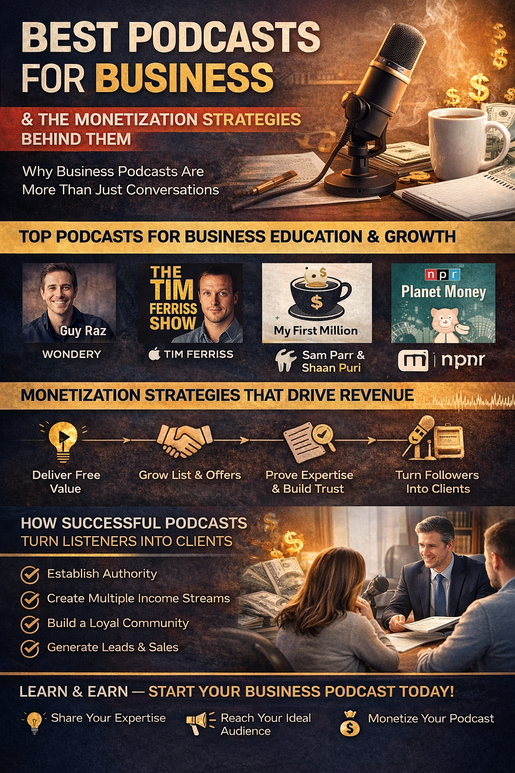 Promotional banner for best business podcasts, featuring podcast covers and monetization tips in warm gold tones