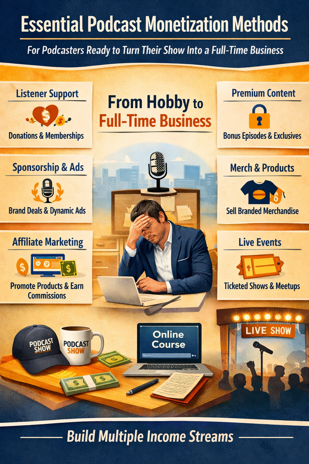 Infographic on podcast monetization methods with icons, a host at a desk, and multiple income streams from hobby to business