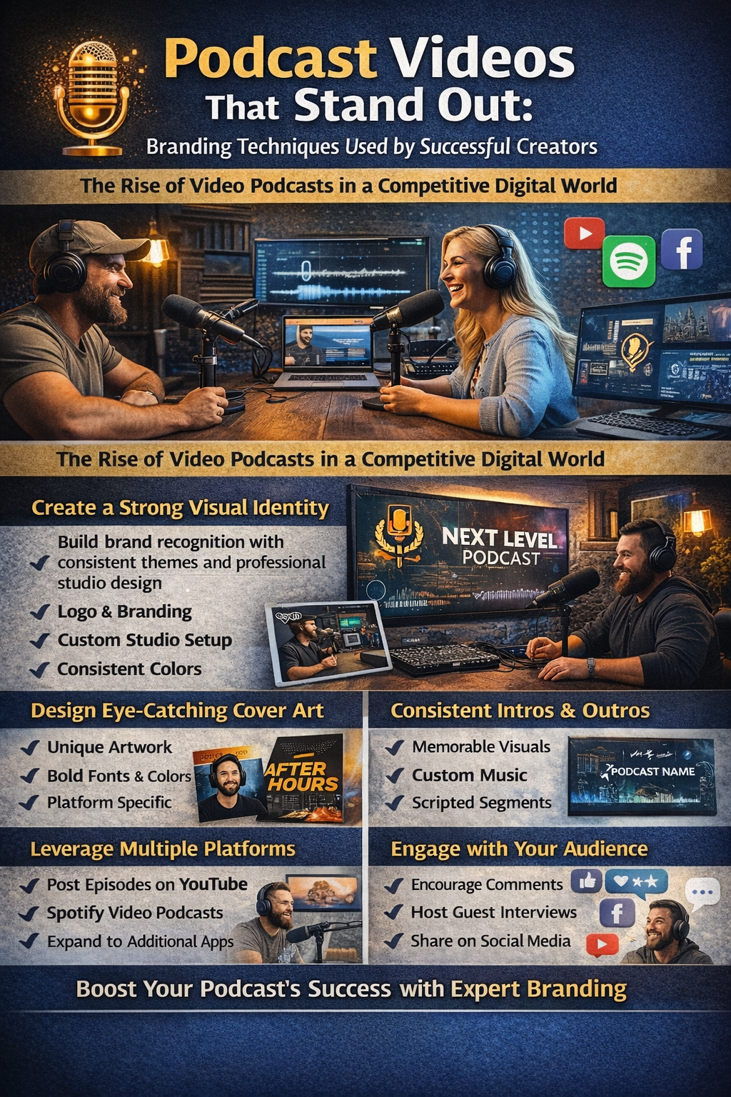 Podcast marketing flyer with gold title, studio microphones, host and guest, and social media icons on a dark blue background