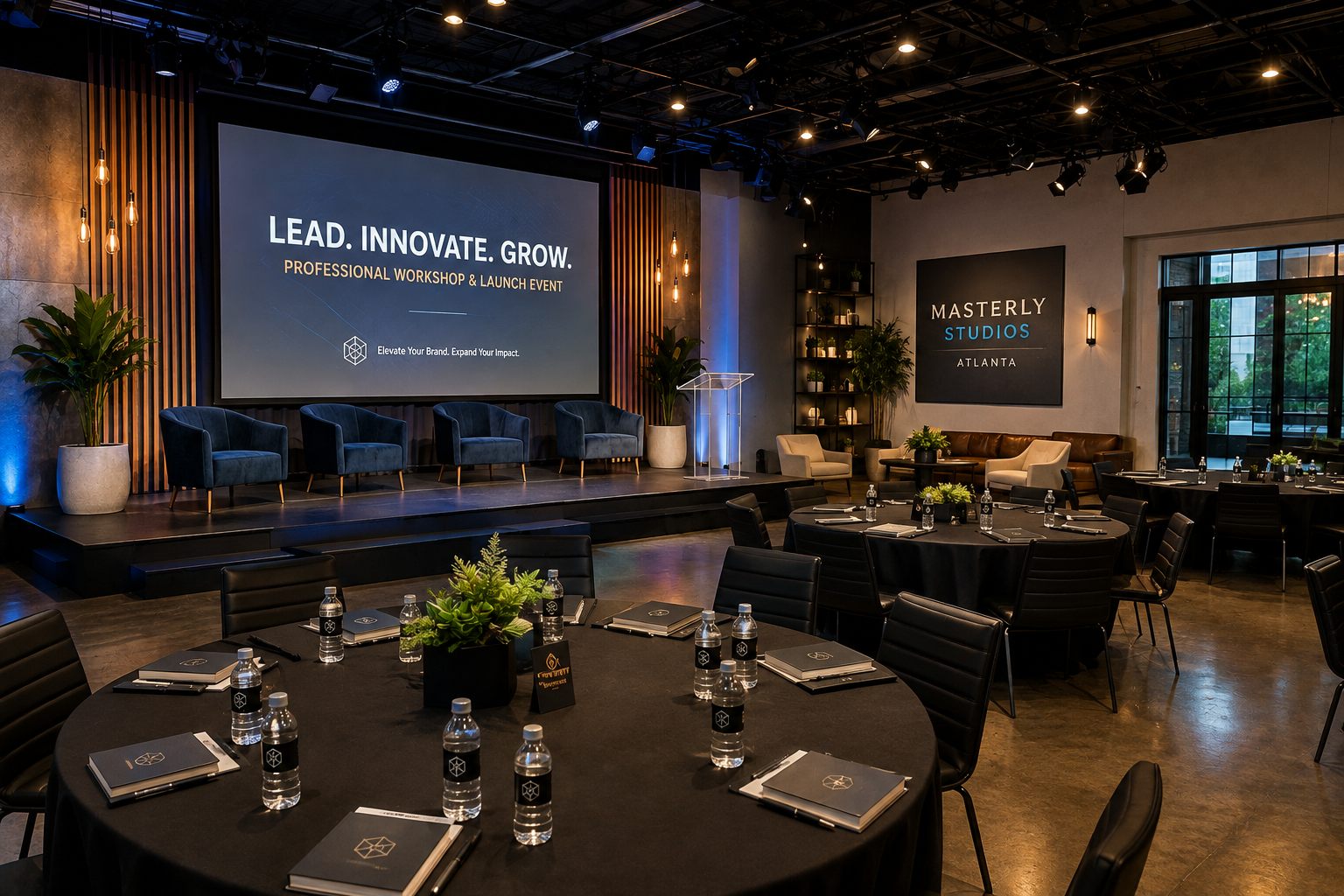 configured for a business workshop or professional launch event event space rental Atlanta