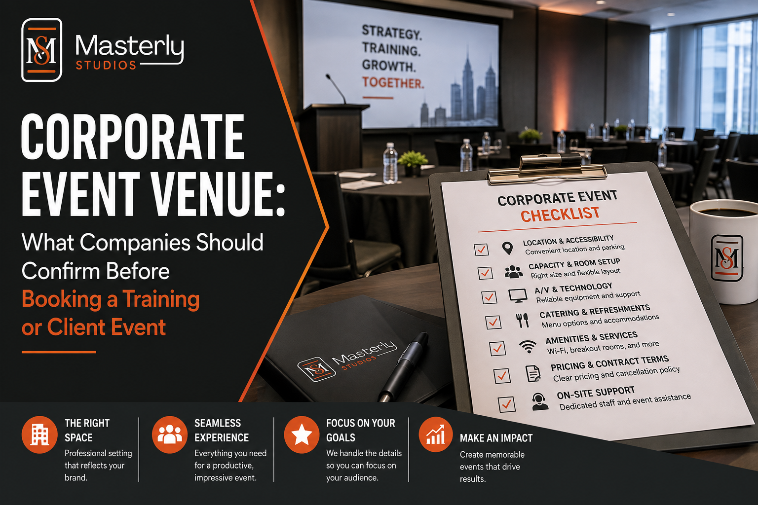 Corporate event venue prepared for a professional training or client event.