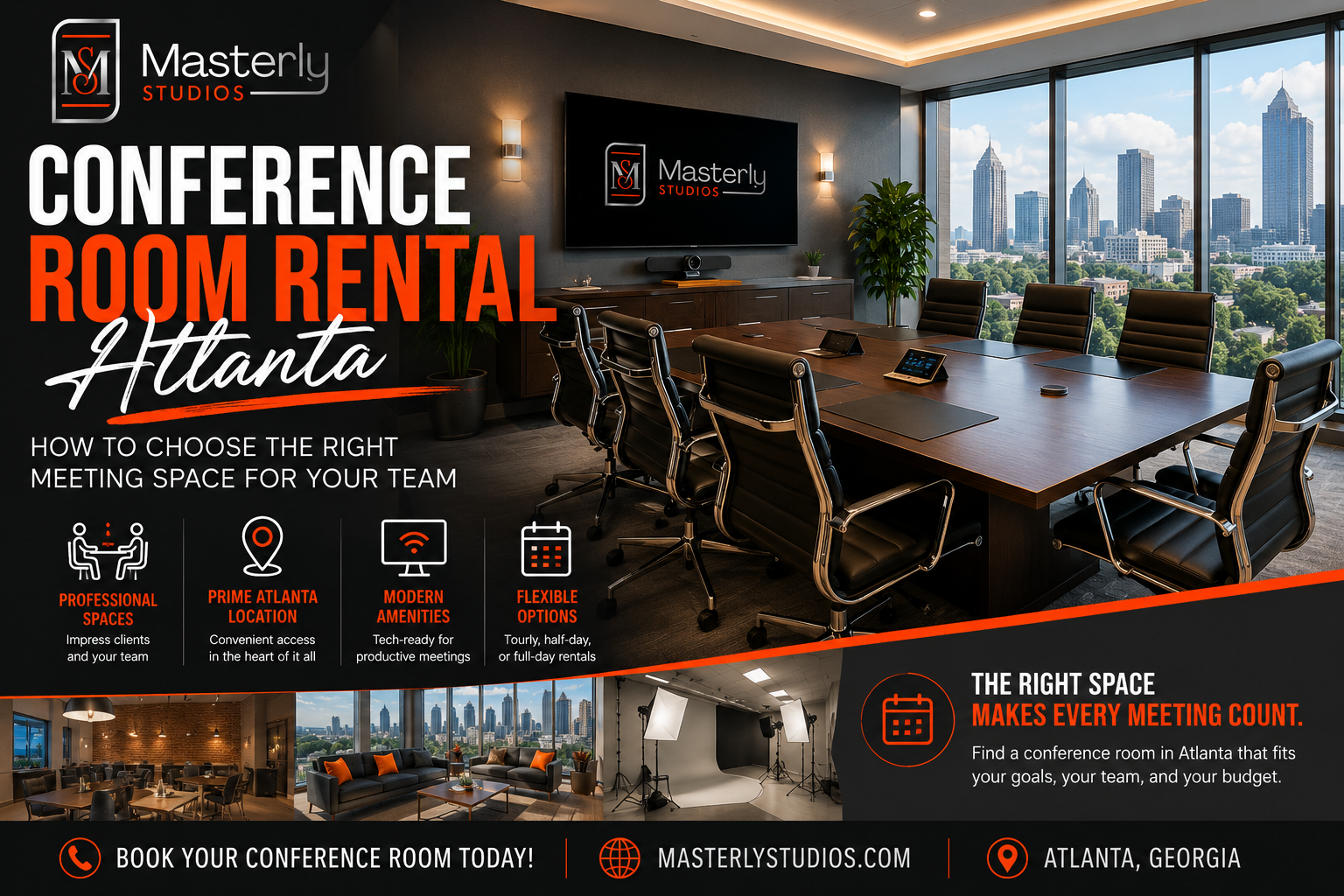 Modern Atlanta conference room rental with professional meeting space and technology.