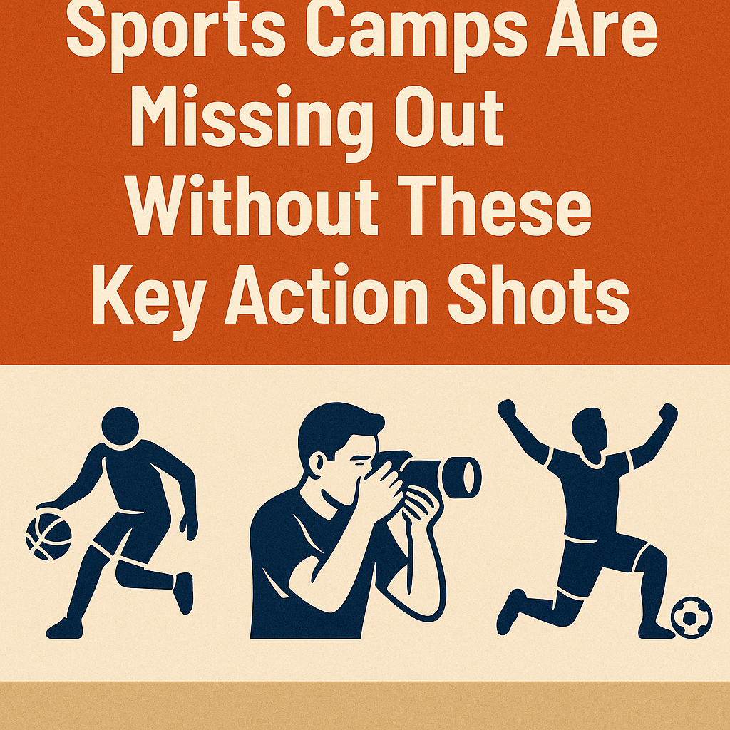 Orange sports camp promo with text and icons of athlete dribbling, photographer, and jumping soccer player