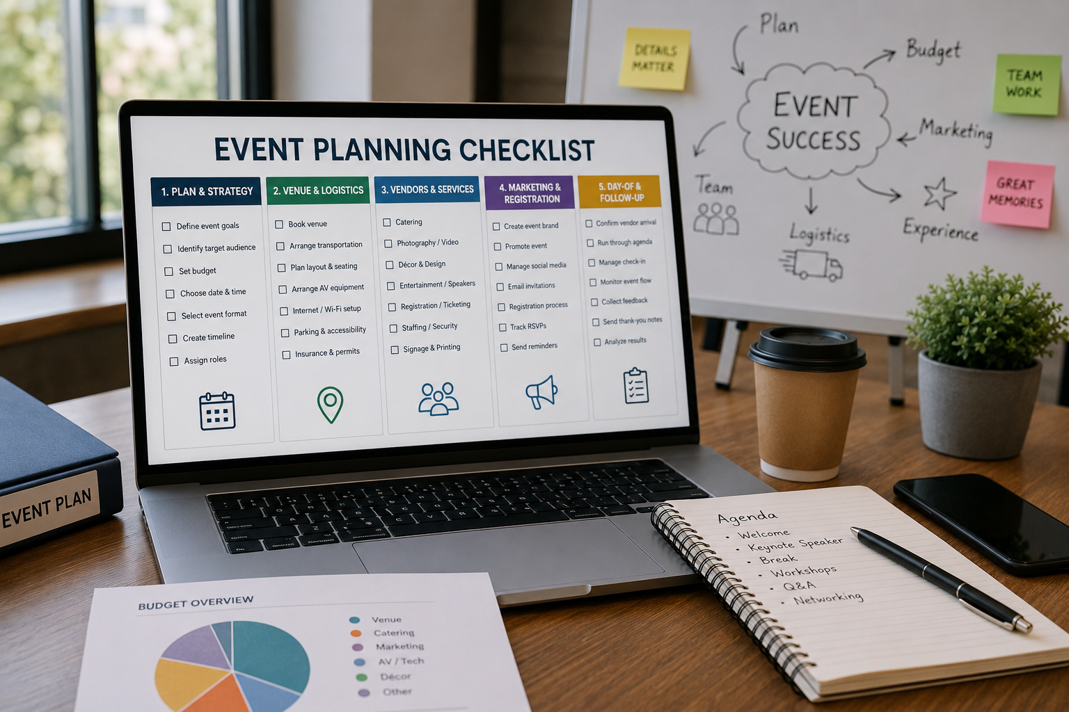 Professional event planning checklist showing event strategy, venue logistics, vendors, marketing, registration, budget, and day-of coordination.