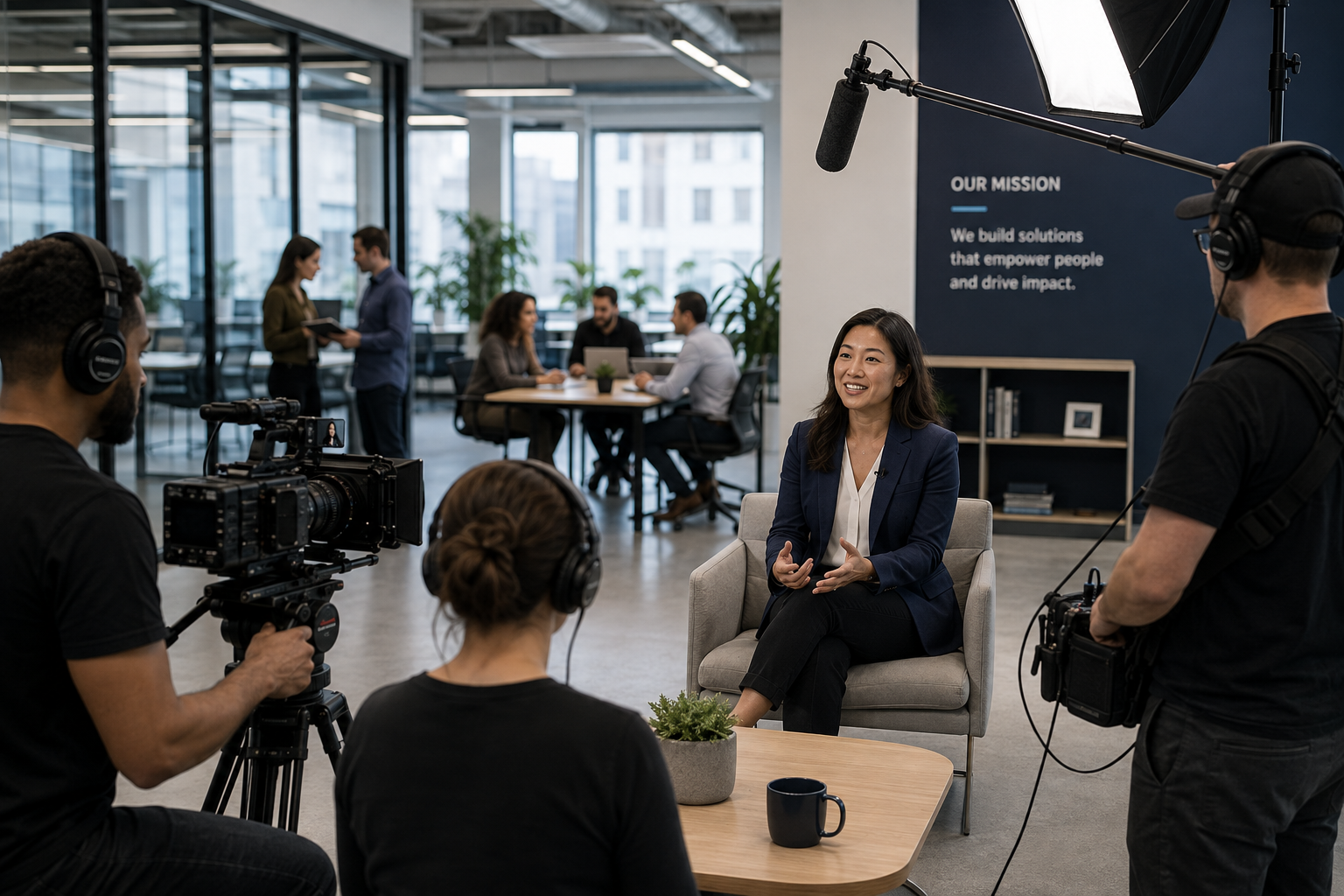 Production crew filming a brand story video with a company founder and leadership team.