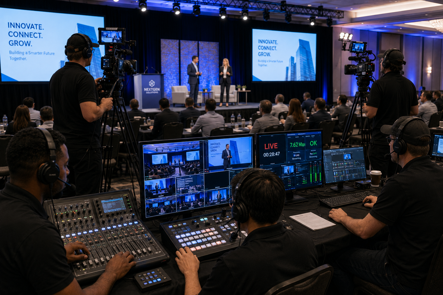 Professional livestream production crew managing a multi-camera broadcast for a corporate conference and hybrid event.