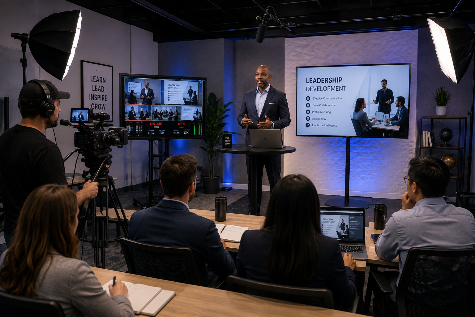 Professional employee training video production in a studio for corporate onboarding and internal learning programs.