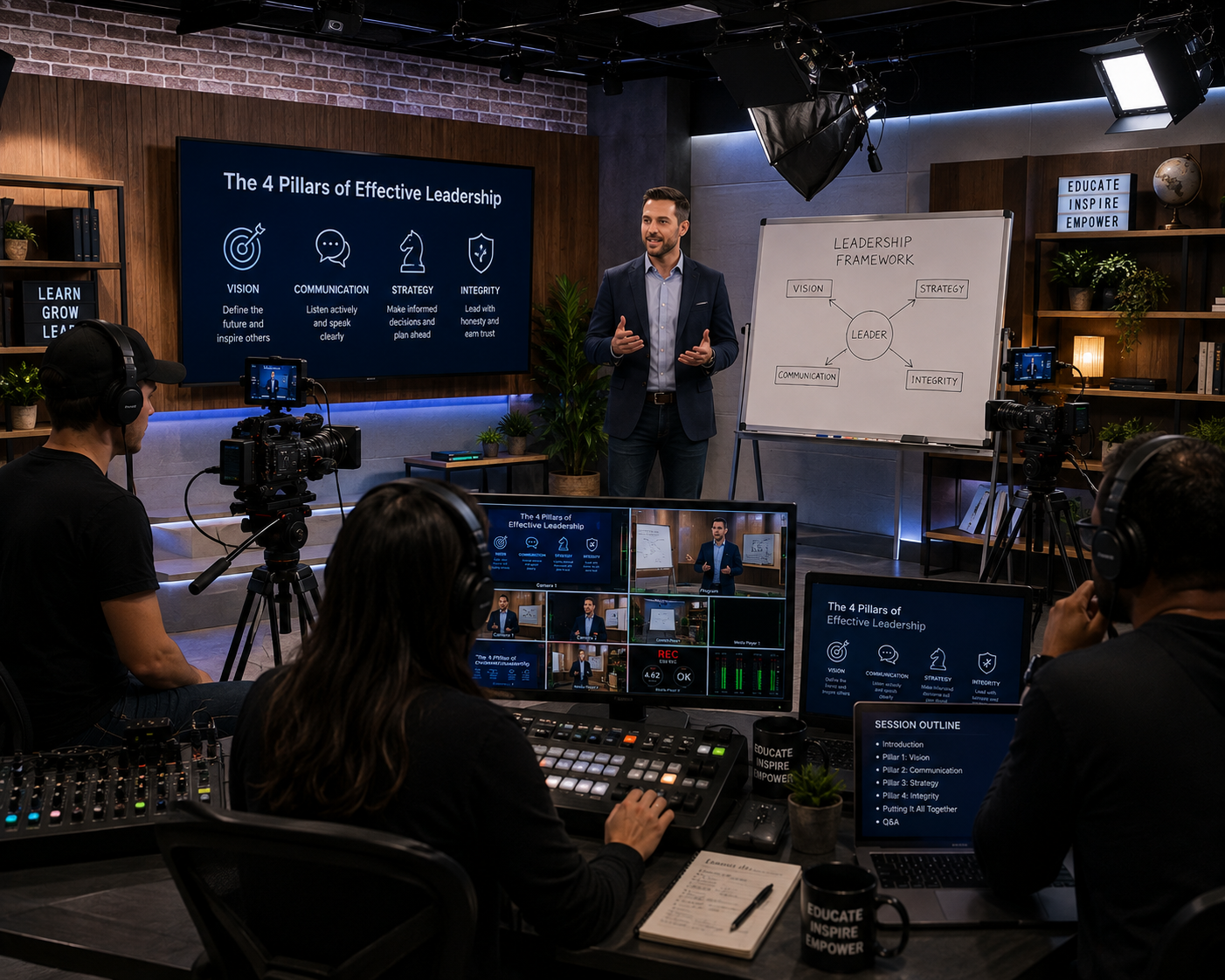 Educational video production at Masterly Studios featuring a professional instructor recording expert-led educational content with a multi-camera production setup.