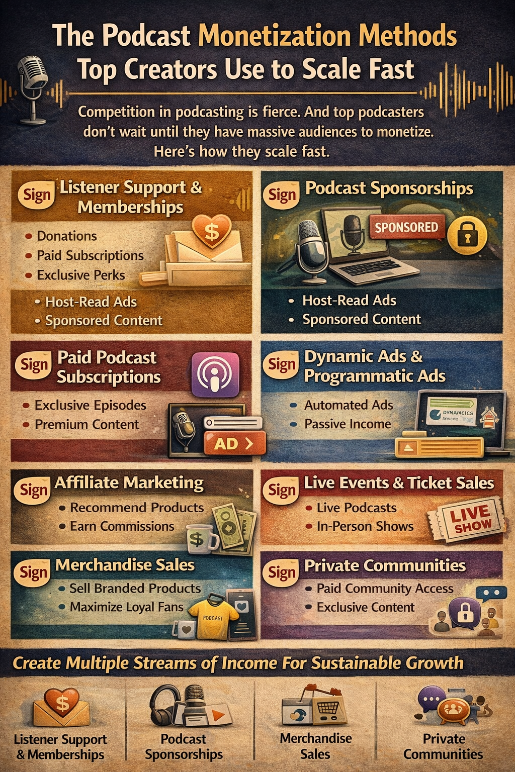 Infographic of podcast monetization methods and top creator uses to scale fast, in warm orange-brown tones