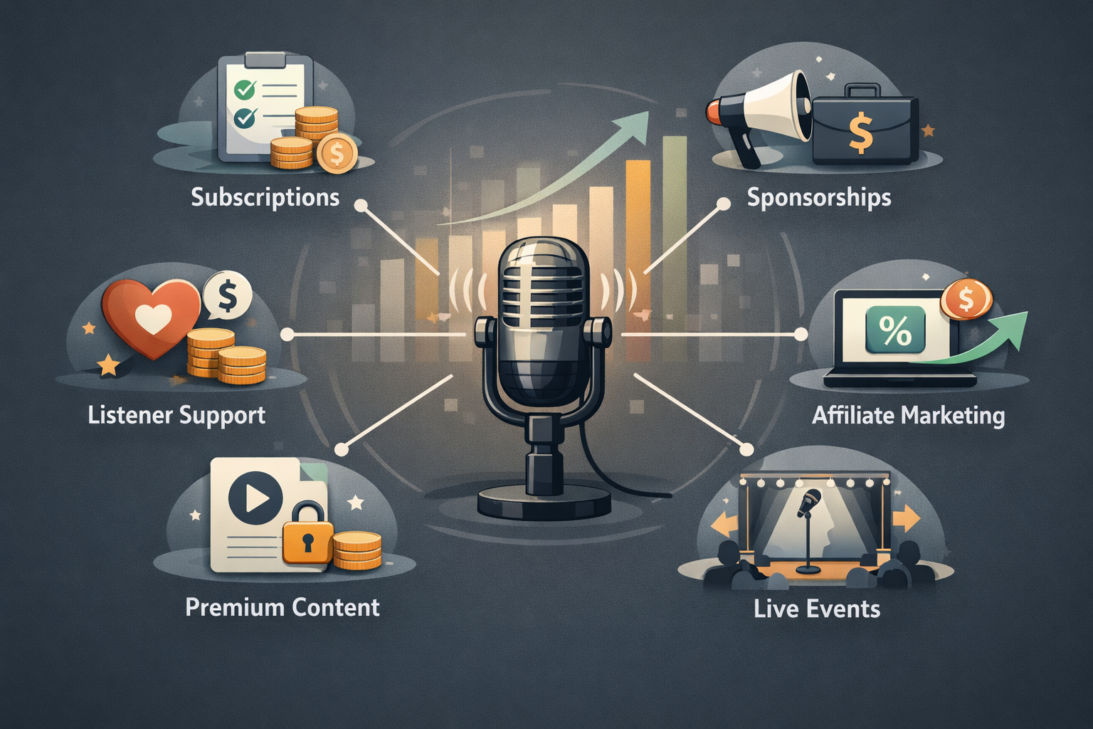 Podcast monetization diagram with microphone centered, surrounded by subscriptions, sponsorships, support