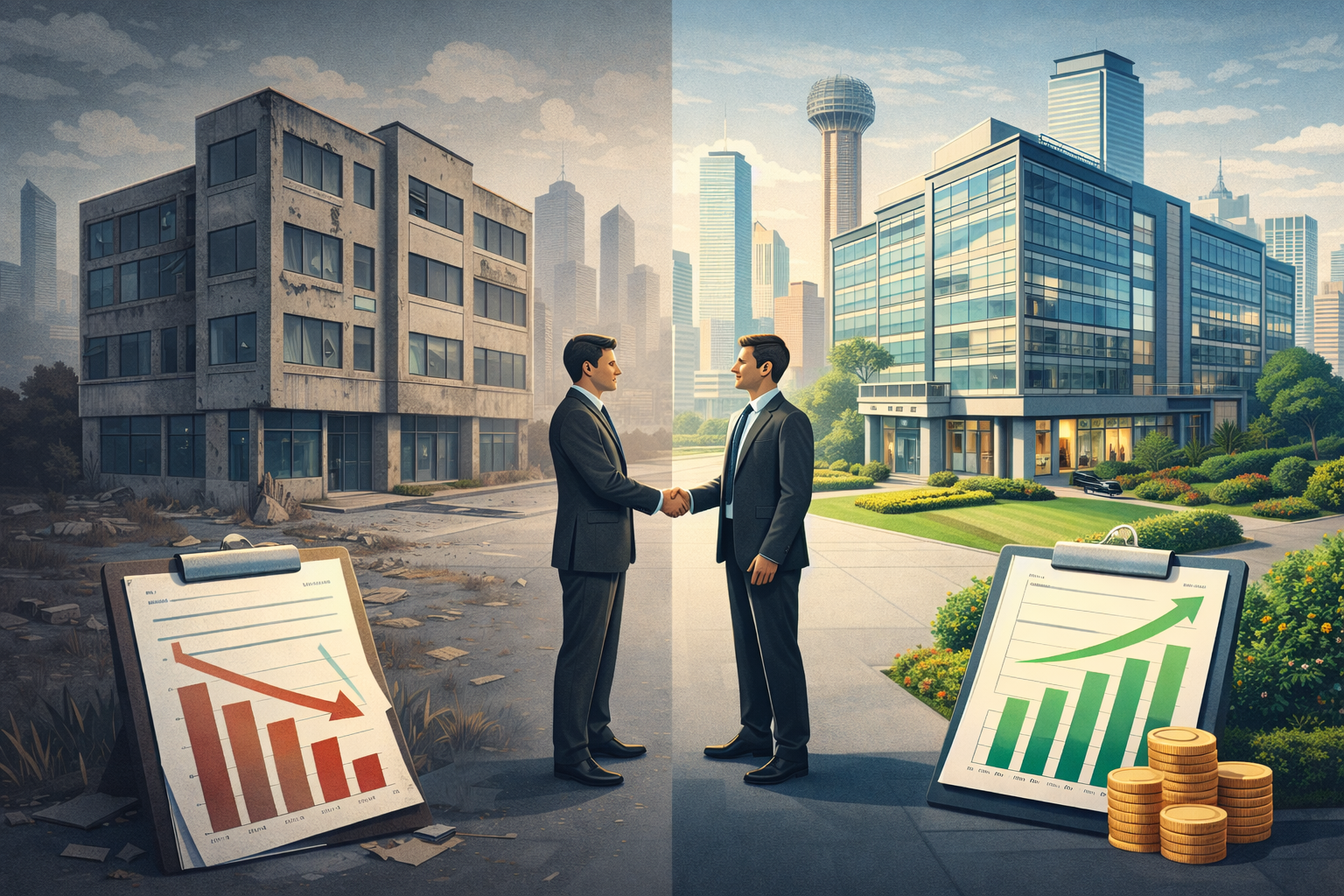 Two businesspeople shake hands between city buildings, with charts and coin stacks in the foreground.