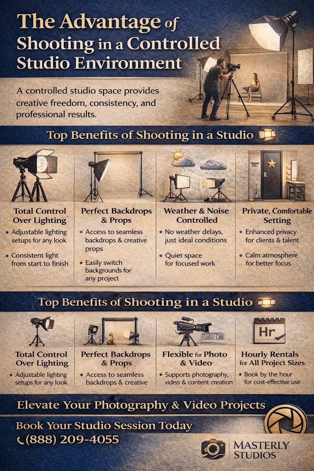Studio ad with a person and lighting gear in a dark scene, promoting controlled studio shooting advantages