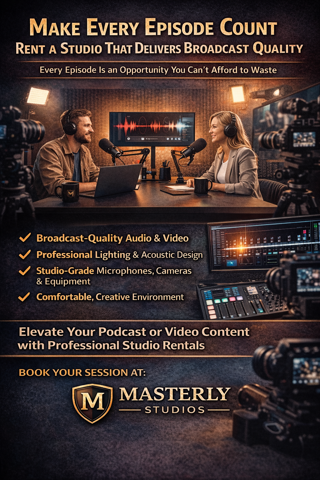 Podcast studio ad with two hosts at microphones, warm lighting, and text promoting broadest quality and volume.