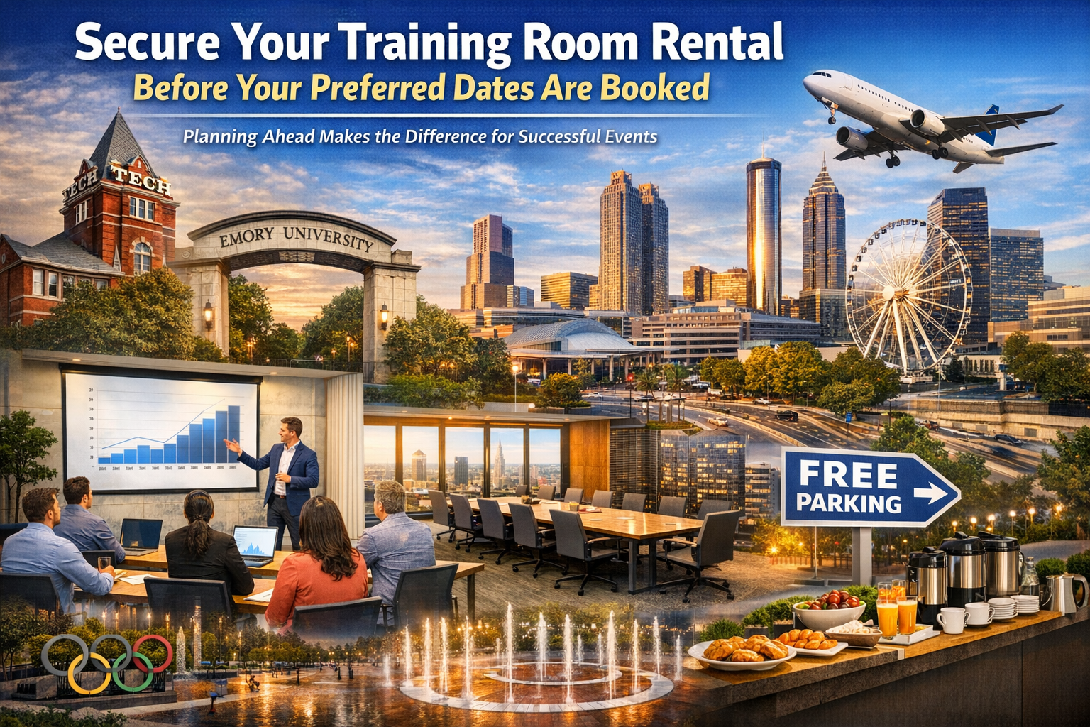 Training room rental ad with meeting room, city skyline, indoor-outdoor venue, and free parking badge