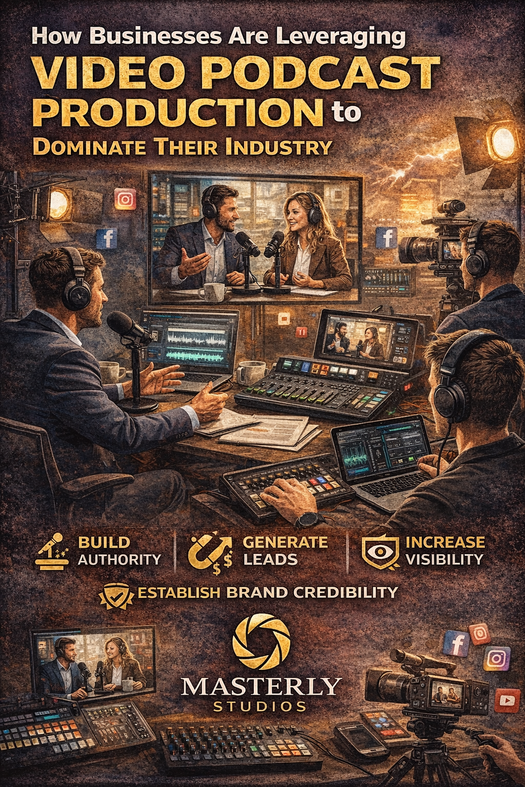 Business podcast studio with hosts, cameras, monitors, and warm orange lighting; bold text about video podcast production